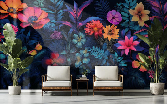 Dark Floral Neon Tropical Floral Wallpaper – lifestyle view, Golden Era Walls