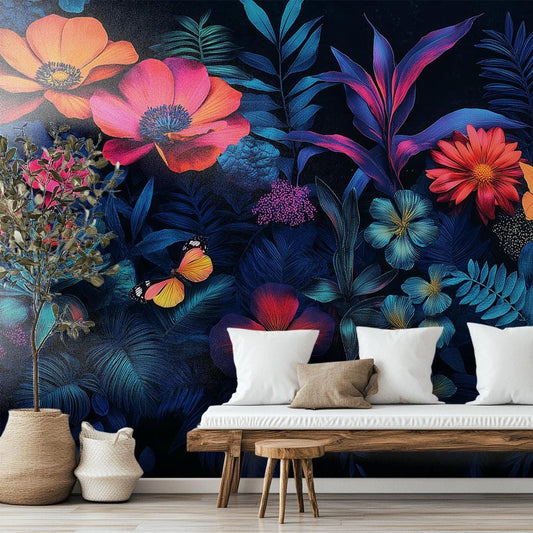 Dark Floral Neon Tropical Floral Wallpaper – room setting, Golden Era Walls