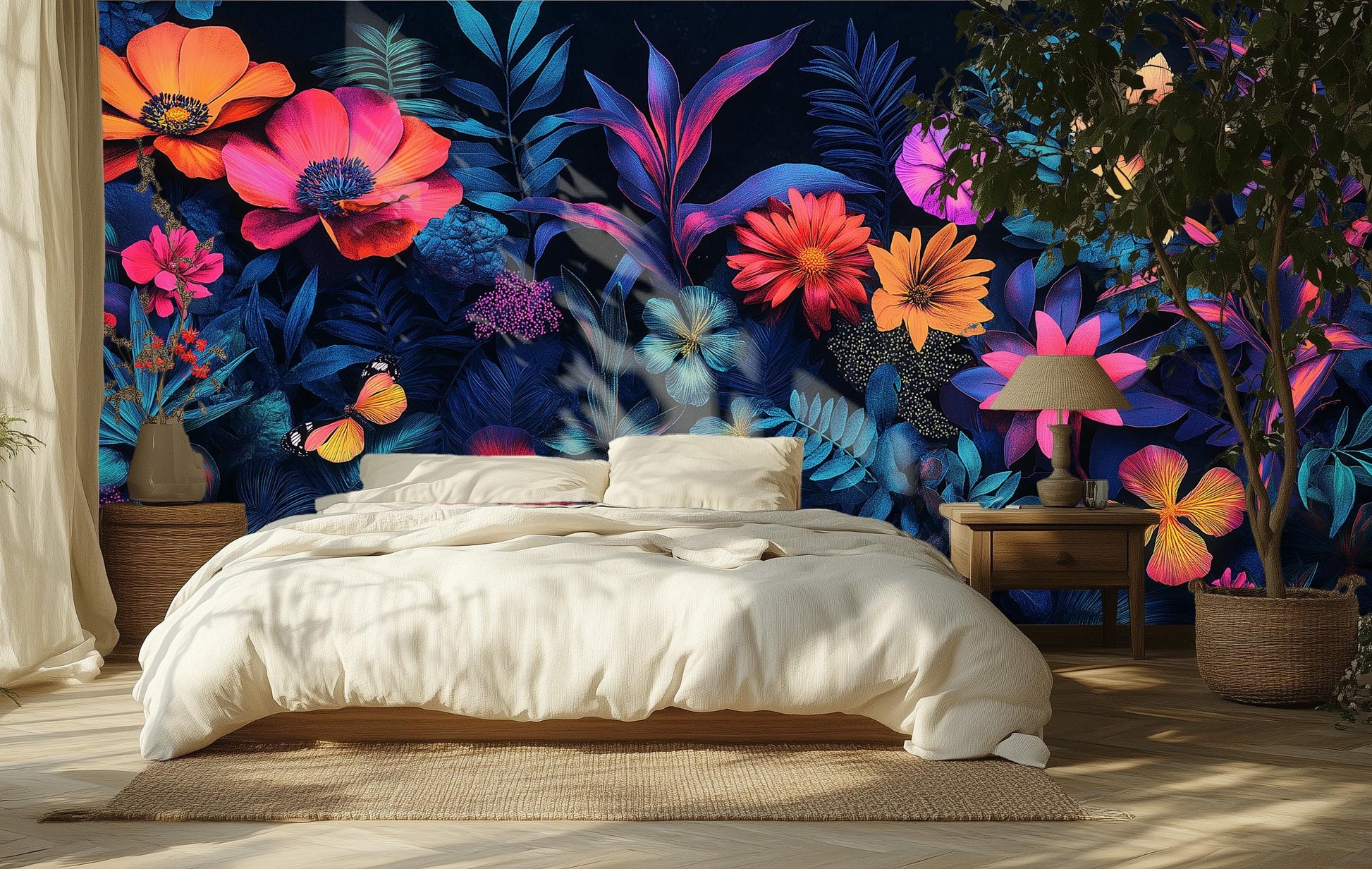 Dark Floral Neon Tropical Floral Wallpaper – scale reference, Golden Era Walls