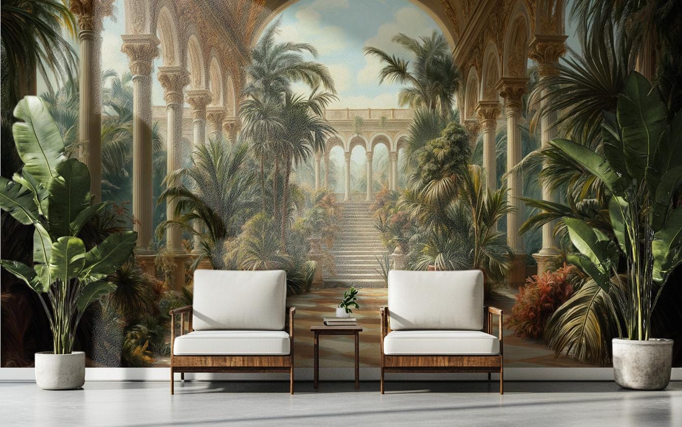 Luxury Botanical Vintage Palace Floral Wallpaper – detail view, Golden Era Walls