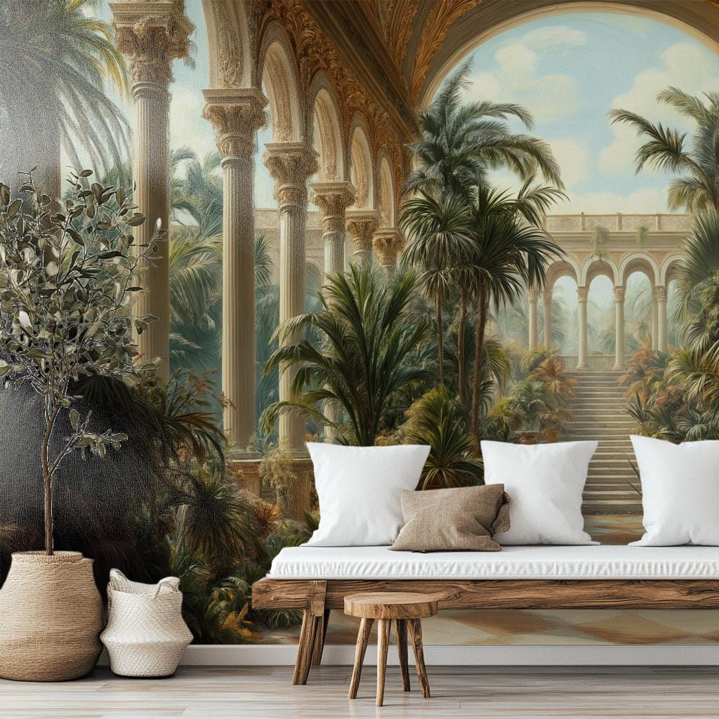 Luxury Botanical Vintage Palace Floral Wallpaper – scale reference, Golden Era Walls