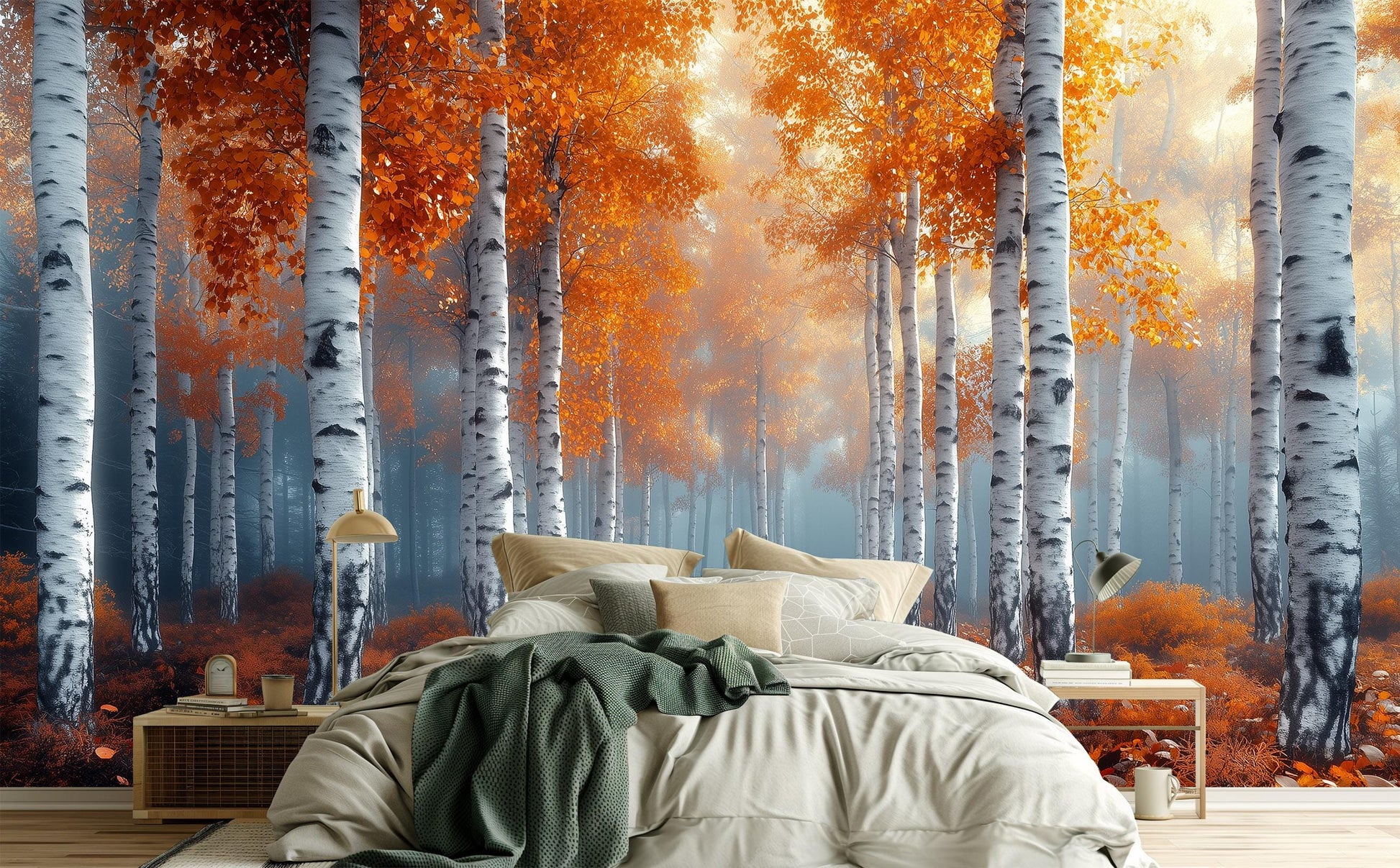 Autumn Birch Forest Misty Coastal Wallpaper – room setting, Golden Era Walls