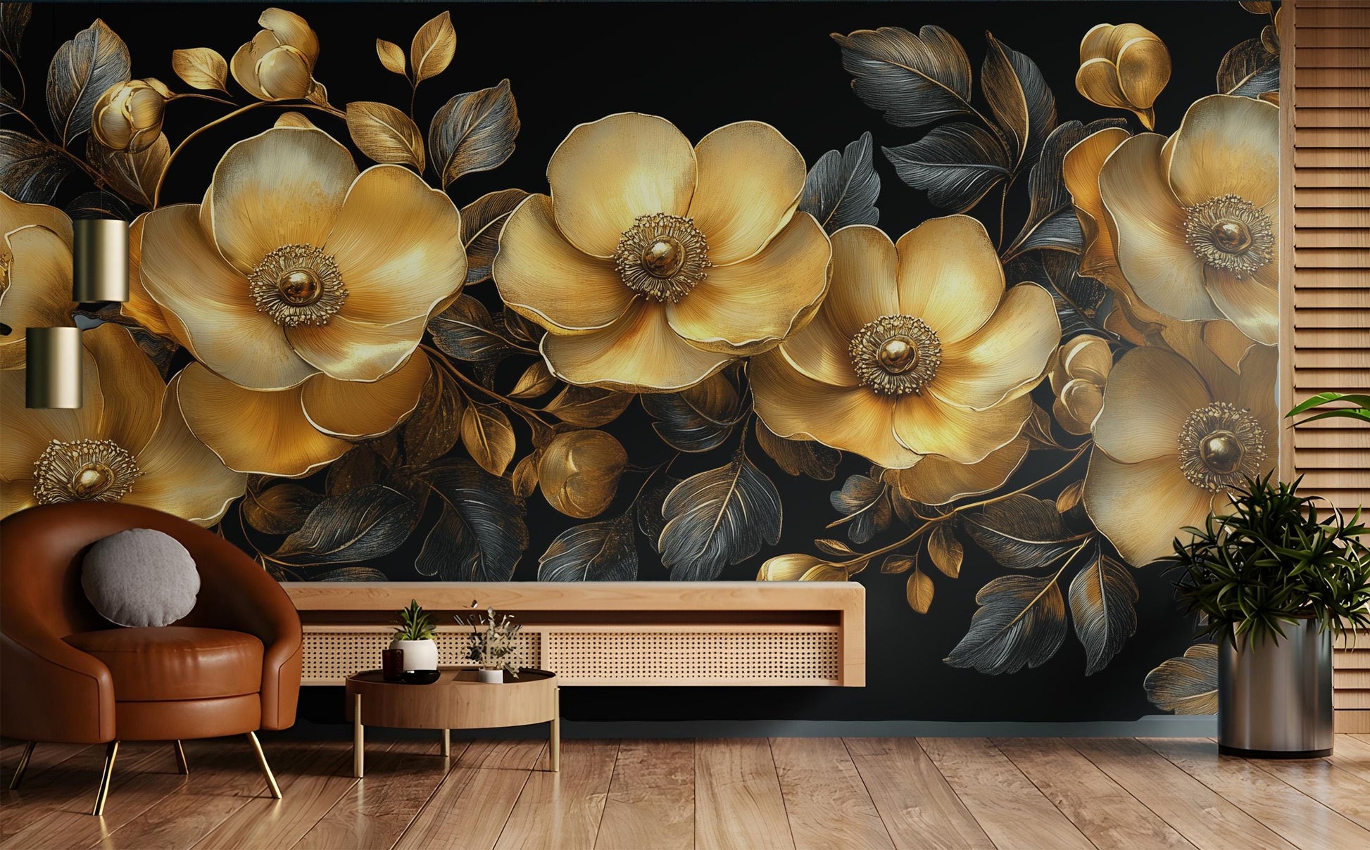Baroque Gold Floral Opulent Floral Wallpaper – scale reference, Golden Era Walls