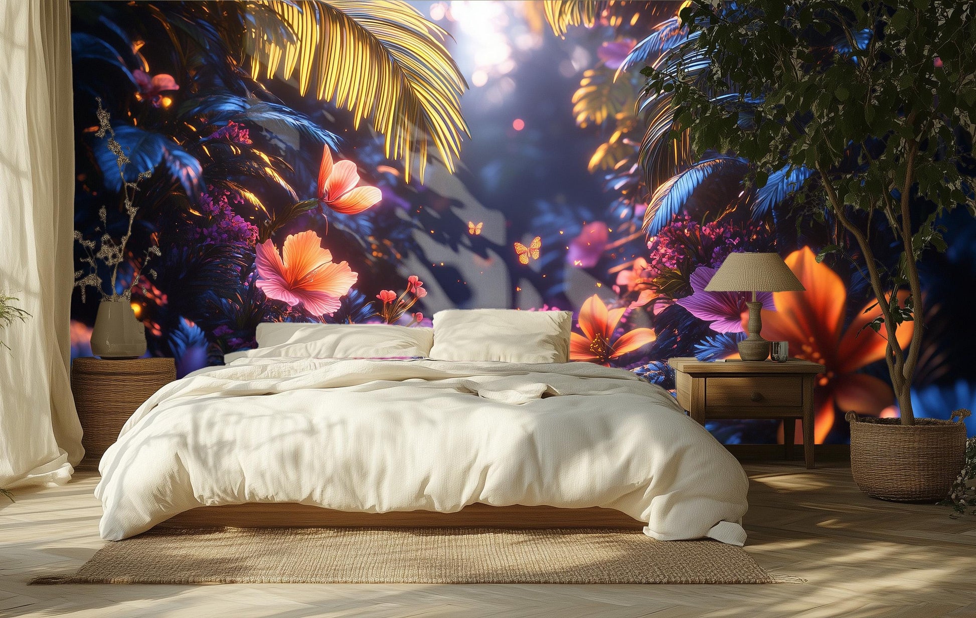 Bioluminescent Tropical Forest Print Floral Wallpaper – detail view, Golden Era Walls