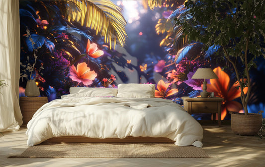 Bioluminescent Tropical Forest Print Floral Wallpaper – detail view, Golden Era Walls