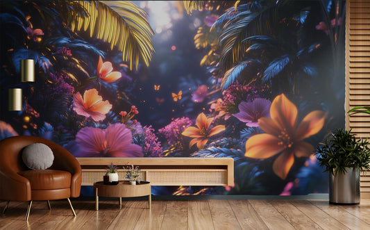 Bioluminescent Tropical Forest Print Floral Wallpaper – lifestyle view, Golden Era Walls