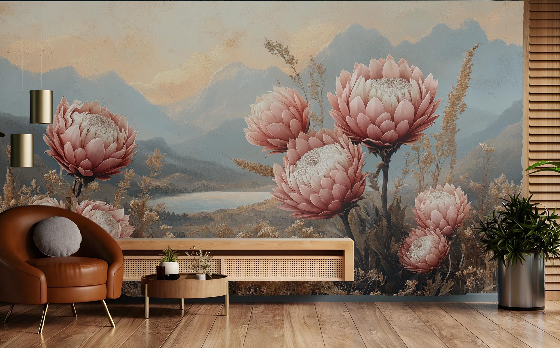 Boho Floral Landscape Hand Floral Wallpaper – detail view, Golden Era Walls
