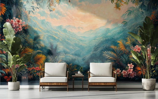 Botanical Jungle View Lush Floral Wallpaper – room setting, Golden Era Walls