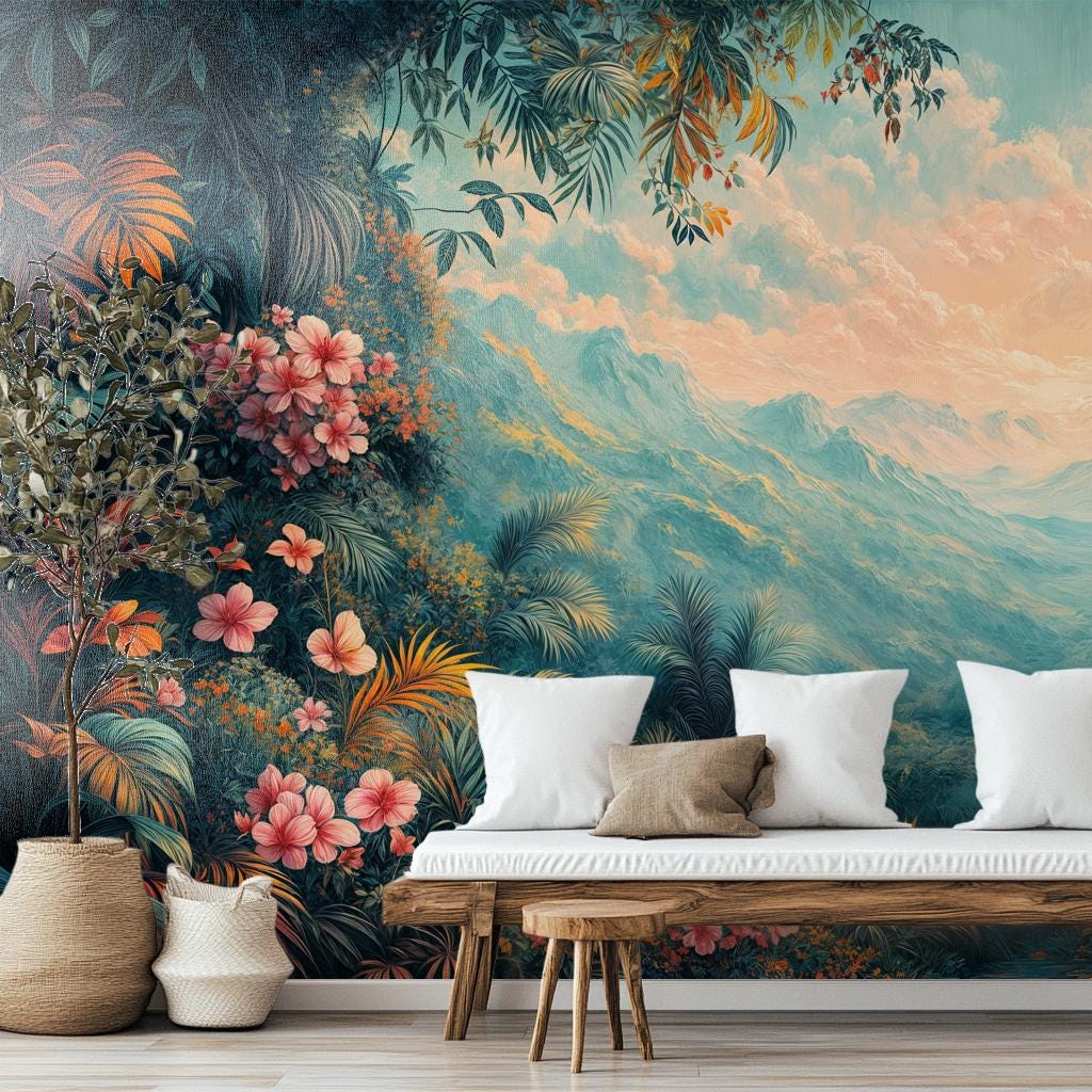 Botanical Jungle View Lush Floral Wallpaper – scale reference, Golden Era Walls