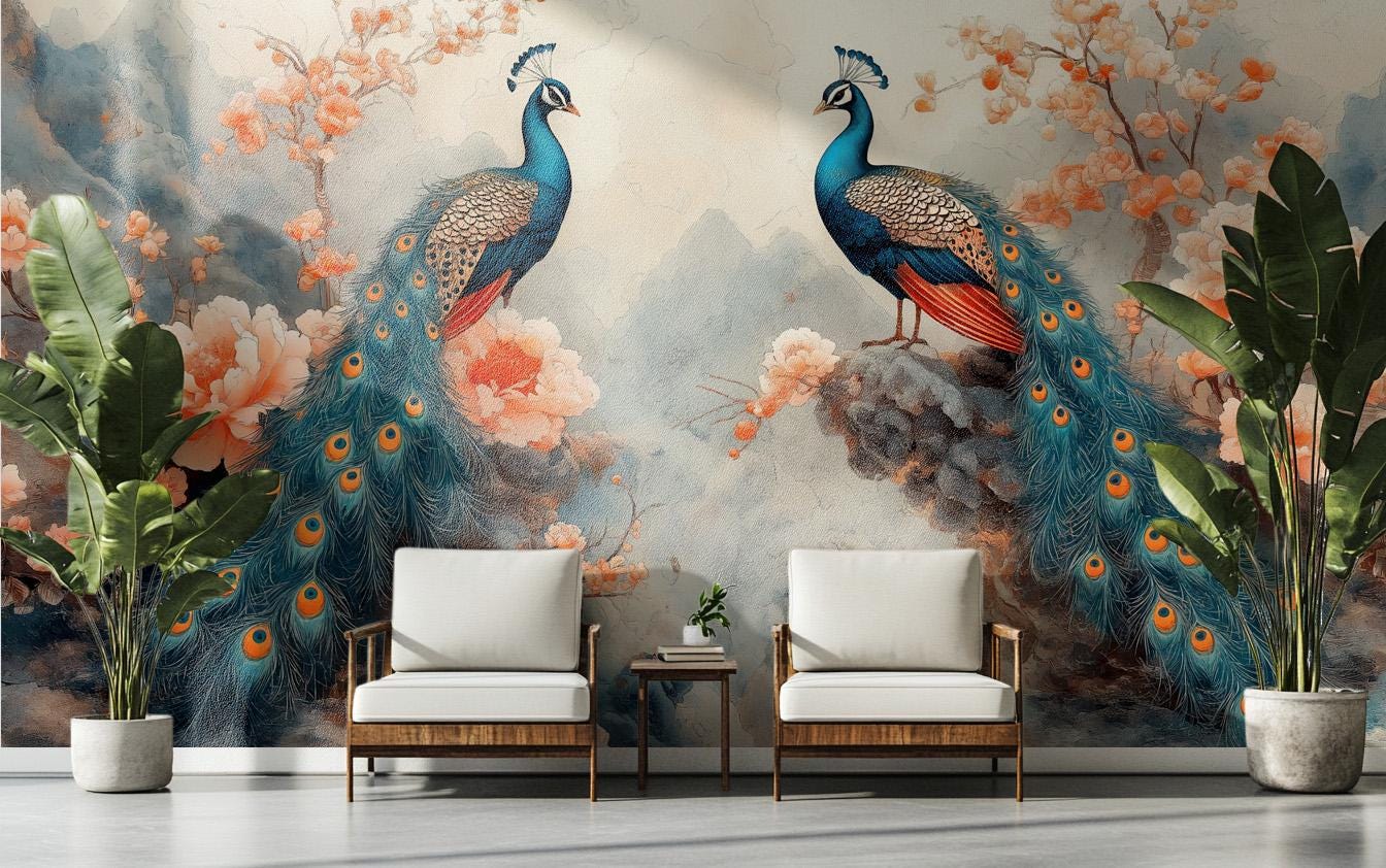 Chinoiserie Peacock Hand Painted Floral Wallpaper – scale reference, Golden Era Walls