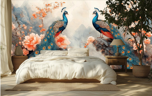 Chinoiserie Peacock Hand Painted Floral Wallpaper – room setting, Golden Era Walls