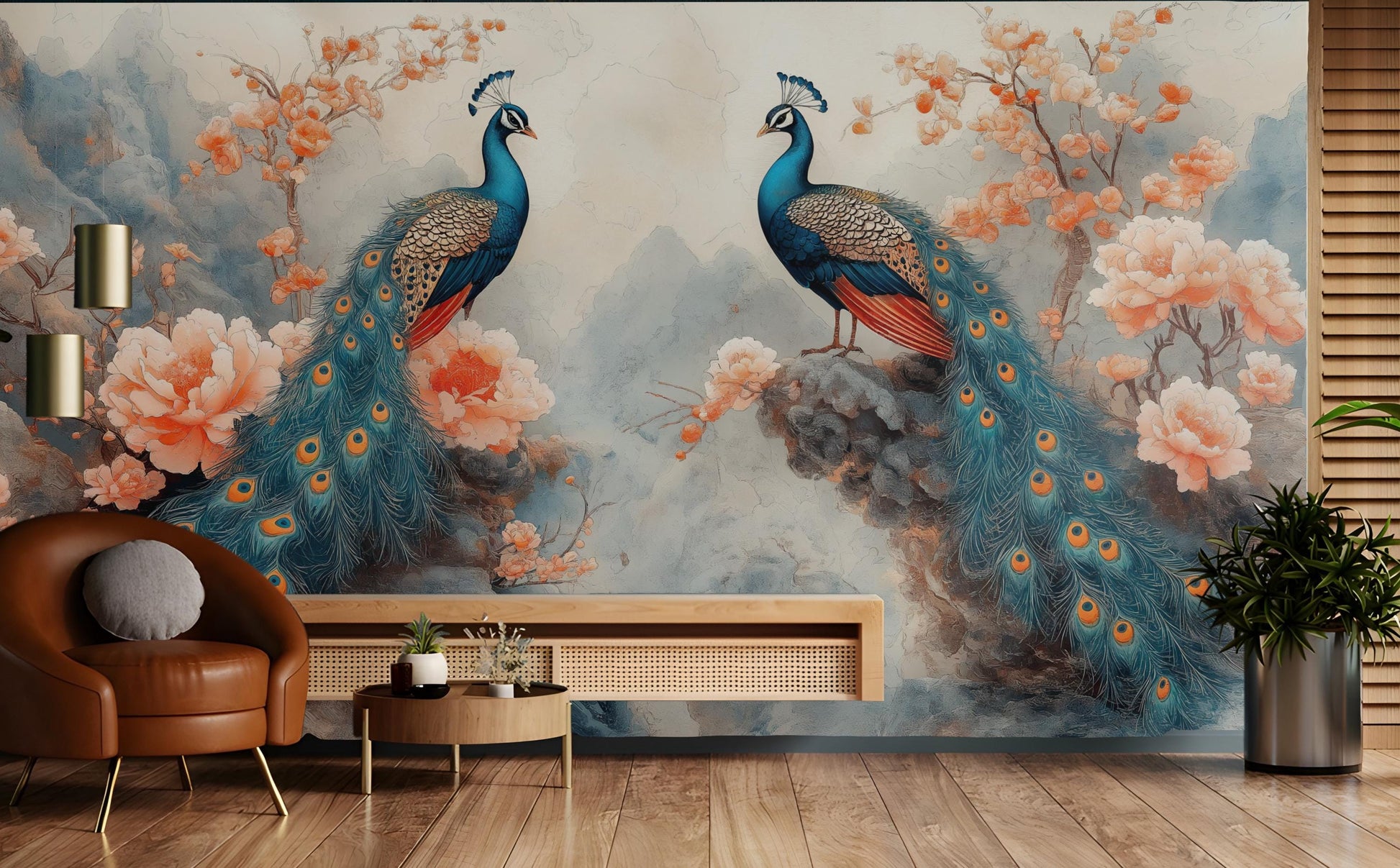 Chinoiserie Peacock Hand Painted Floral Wallpaper – lifestyle view, Golden Era Walls