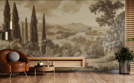Classic European Timeless Countryside Wallpaper – room setting, Golden Era Walls