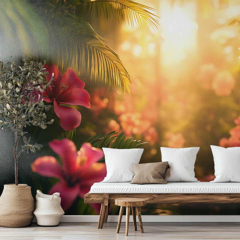Cinematic Tropical Jungle Vibrant Floral Wallpaper – scale reference, Golden Era Walls