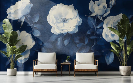 Cyanotype White Rose Print Floral Wallpaper – detail view, Golden Era Walls
