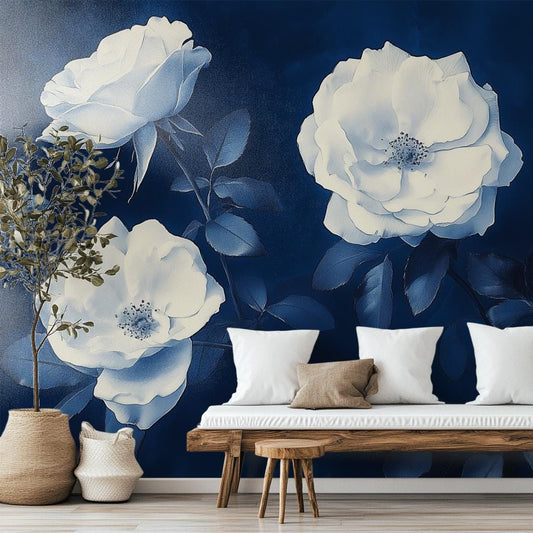 Cyanotype White Rose Print Floral Wallpaper – peel and stick wallpaper mural, Golden Era Walls