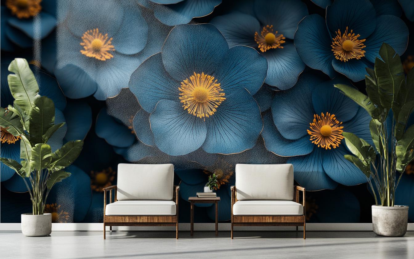 Dark Blue Floral Luxurious Floral Wallpaper – peel and stick wallpaper mural, Golden Era Walls