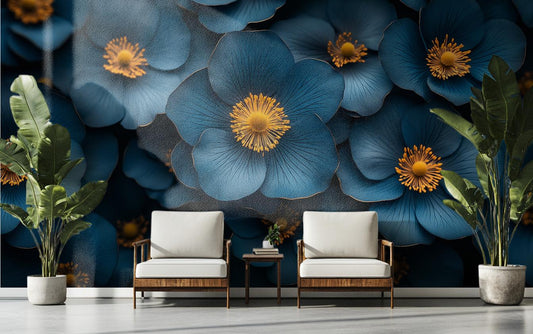 Dark Blue Floral Luxurious Floral Wallpaper – peel and stick wallpaper mural, Golden Era Walls