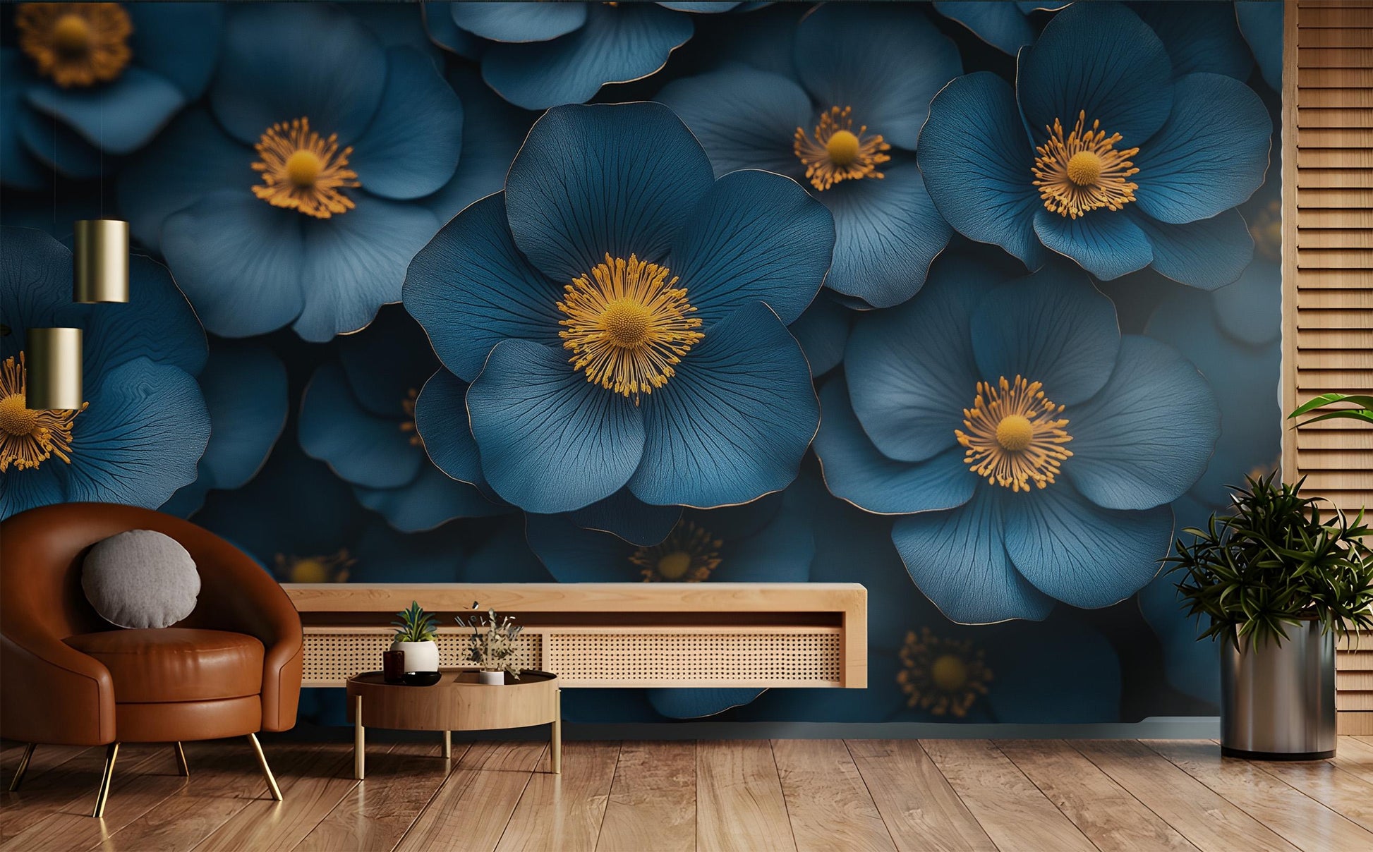 Dark Blue Floral Luxurious Floral Wallpaper – scale reference, Golden Era Walls