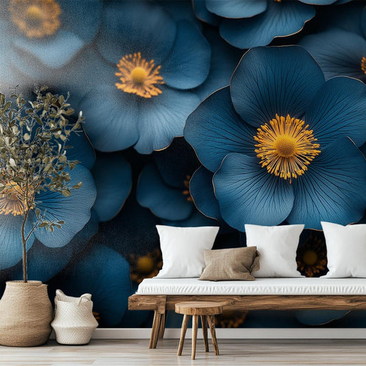 Dark Blue Floral Luxurious Floral Wallpaper – detail view, Golden Era Walls