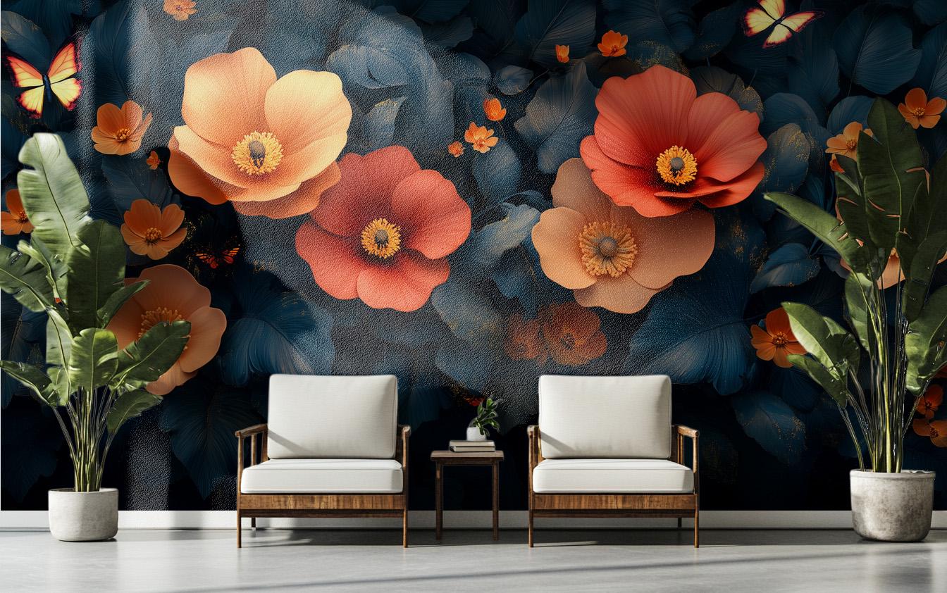 Dark Botanical Floral Dreamy Floral Wallpaper – lifestyle view, Golden Era Walls