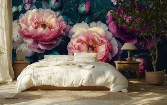 Dark Floral Peony Luxury Floral Wallpaper – detail view, Golden Era Walls