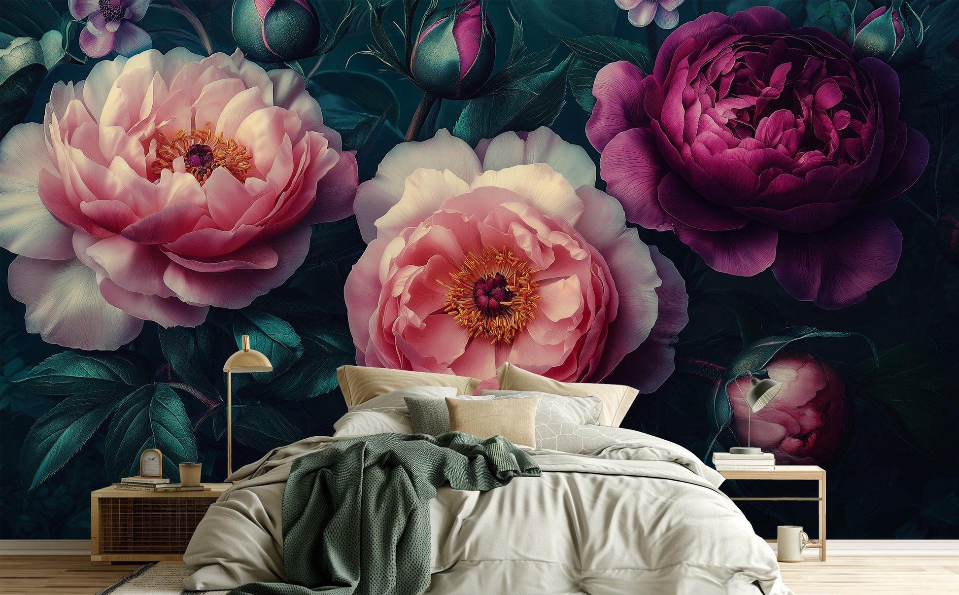 Dark Floral Peony Luxury Floral Wallpaper – scale reference, Golden Era Walls