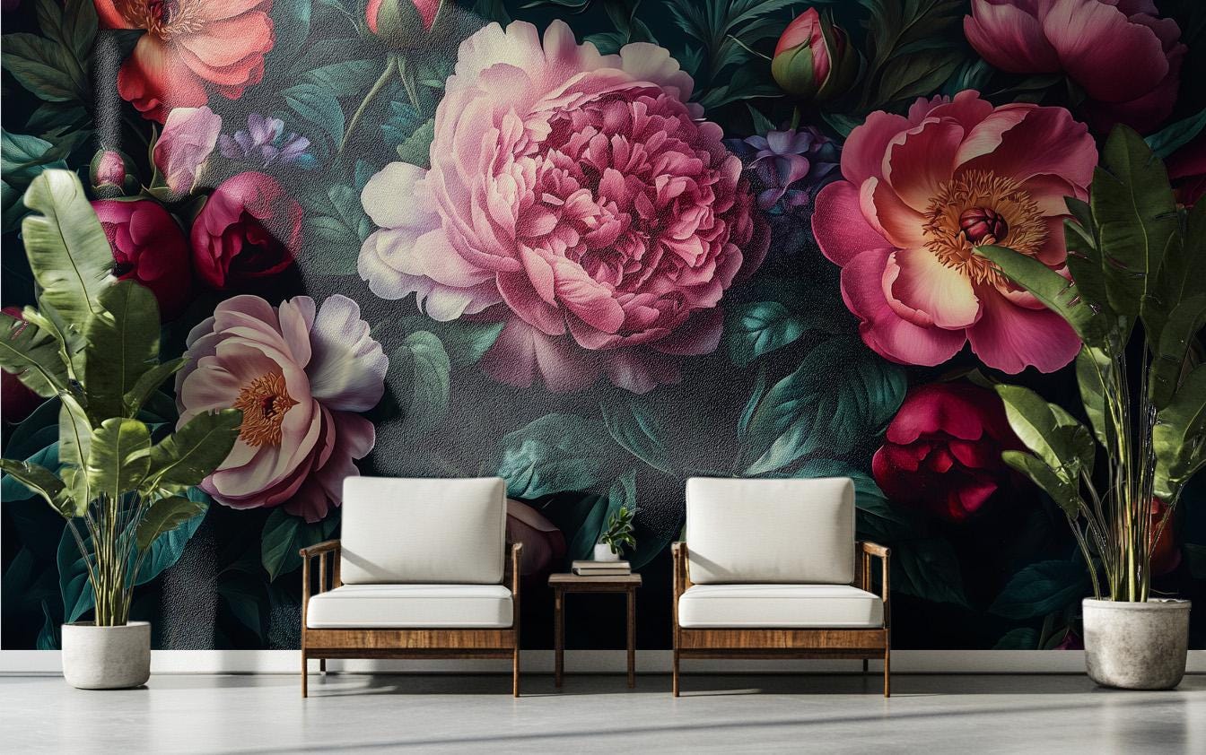 Dark Floral Peony Moody Floral Wallpaper – scale reference, Golden Era Walls
