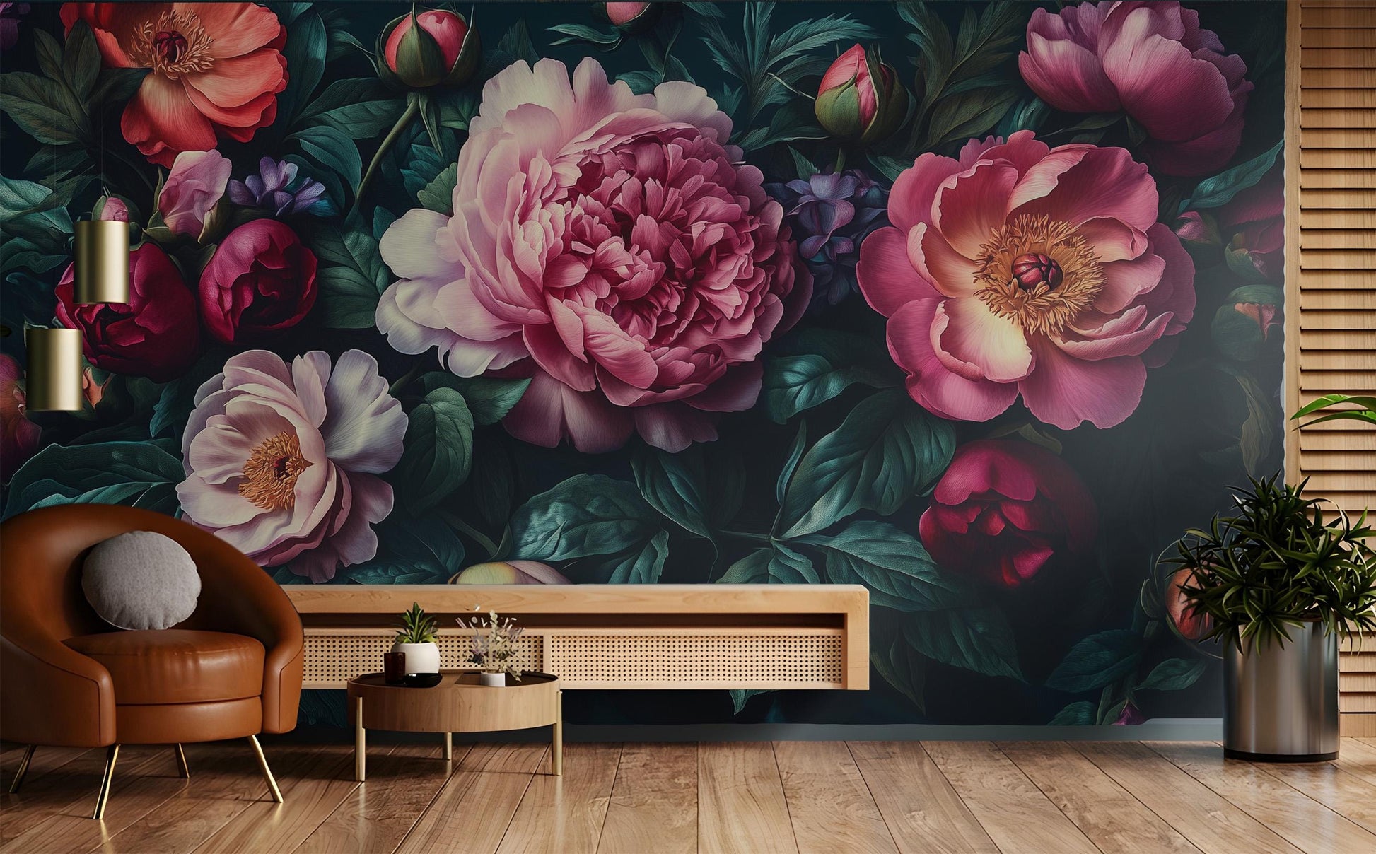 Dark Floral Peony Moody Floral Wallpaper – lifestyle view, Golden Era Walls