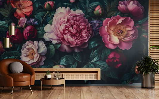 Dark Floral Peony Moody Floral Wallpaper – lifestyle view, Golden Era Walls