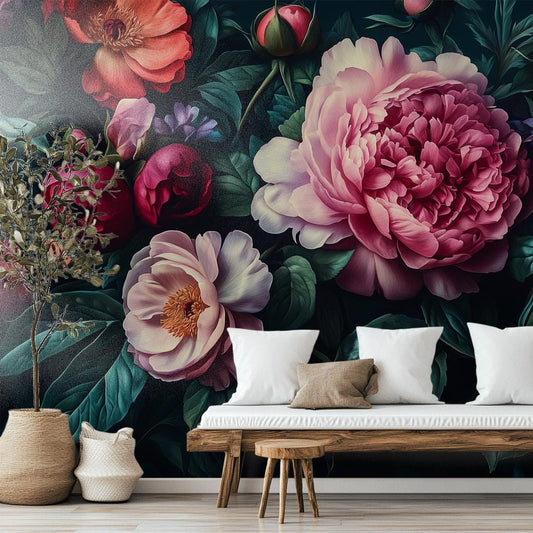 Dark Floral Peony Moody Floral Wallpaper – room setting, Golden Era Walls