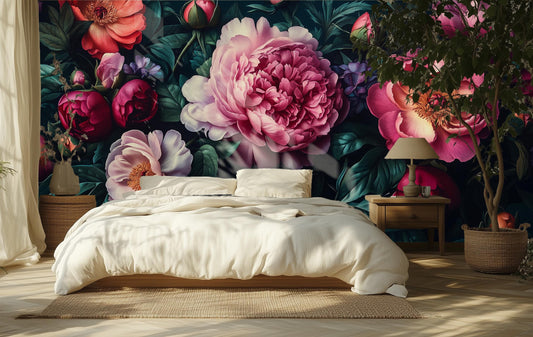 Dark Floral Peony Moody Floral Wallpaper – peel and stick wallpaper mural, Golden Era Walls
