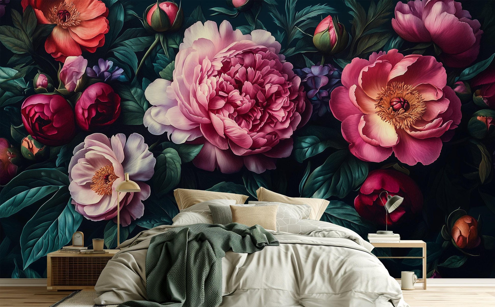 Dark Floral Peony Moody Floral Wallpaper – detail view, Golden Era Walls