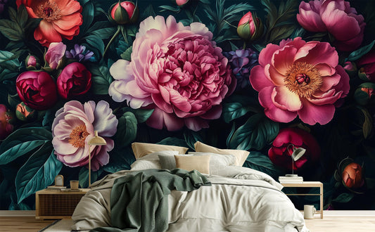 Dark Floral Peony Moody Floral Wallpaper – detail view, Golden Era Walls
