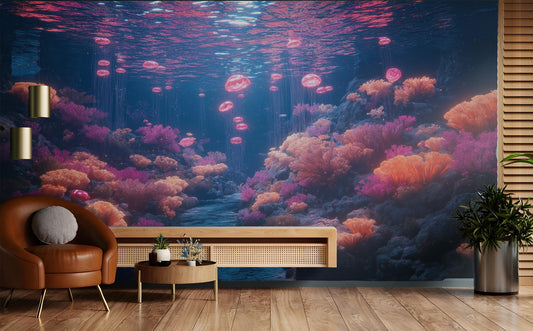 Bioluminescent Coral Kingdom Vibrant Coastal Wallpaper – detail view, Golden Era Walls