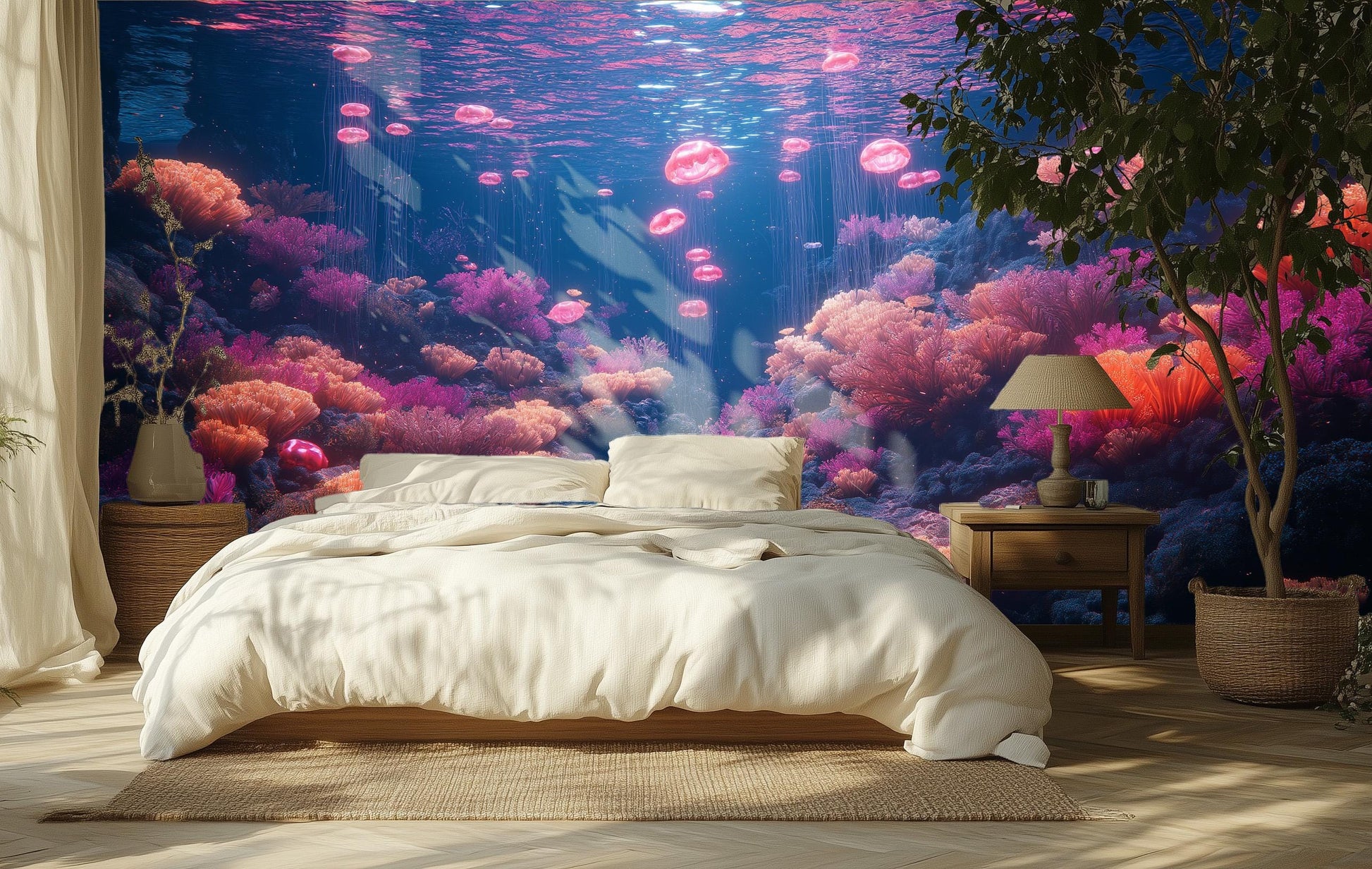 Bioluminescent Coral Kingdom Vibrant Coastal Wallpaper – room setting, Golden Era Walls