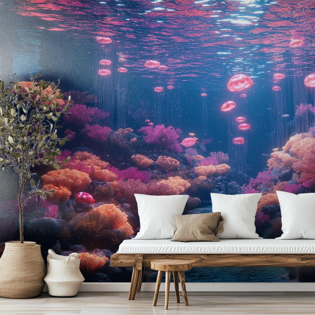 Bioluminescent Coral Kingdom Vibrant Coastal Wallpaper – scale reference, Golden Era Walls