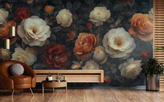Dark Floral Vintage Inspired Floral Wallpaper – lifestyle view, Golden Era Walls