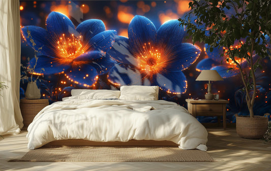 Dark Indigo Floral Renter Floral Wallpaper – room setting, Golden Era Walls