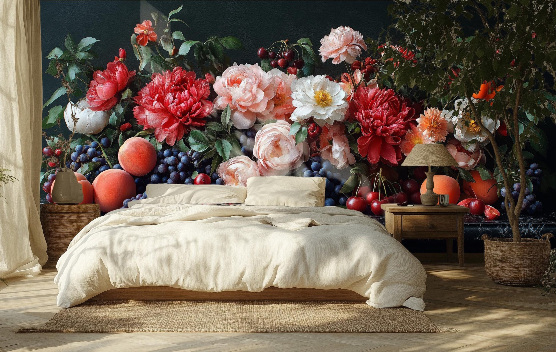 Dark Moody Botanical Elegant Floral Wallpaper – scale reference, Golden Era Walls