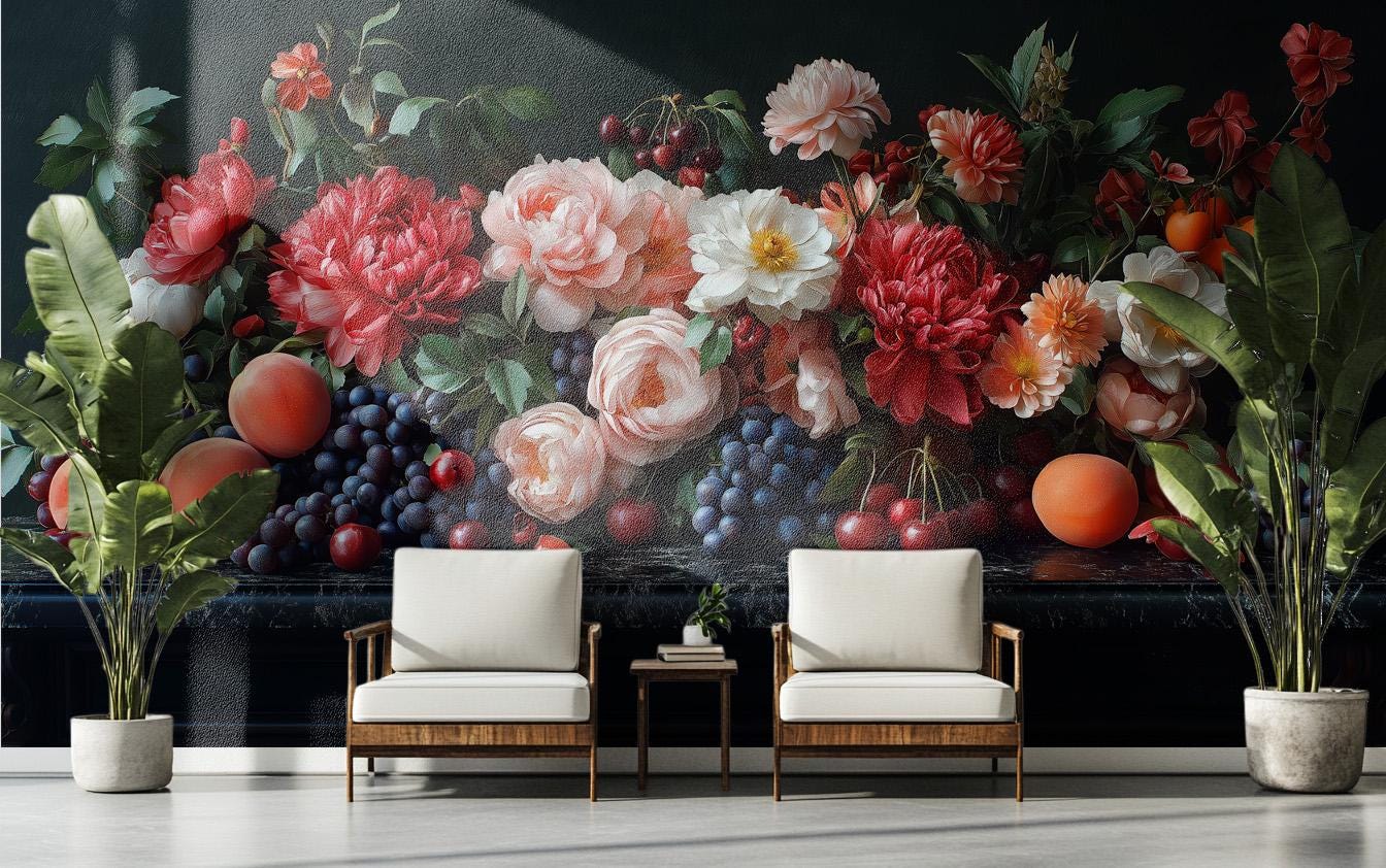 Dark Moody Botanical Elegant Floral Wallpaper – peel and stick wallpaper mural, Golden Era Walls