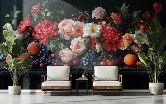 Dark Moody Botanical Elegant Floral Wallpaper – peel and stick wallpaper mural, Golden Era Walls