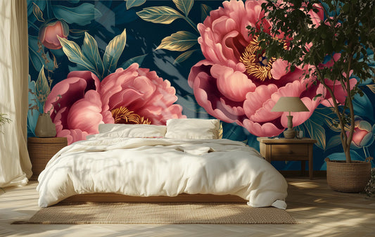 Dark Pink Gold Peony Floral Wallpaper Pattern – lifestyle view, Golden Era Walls