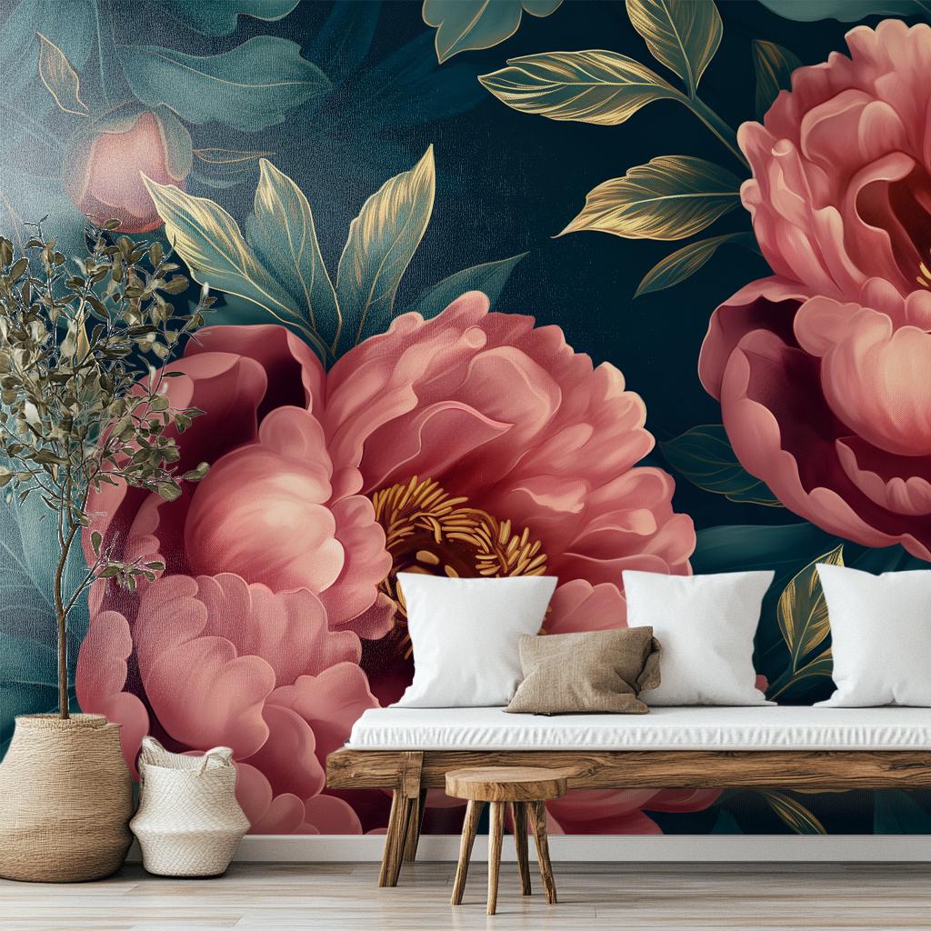 Dark Pink Gold Peony Floral Wallpaper Pattern – detail view, Golden Era Walls