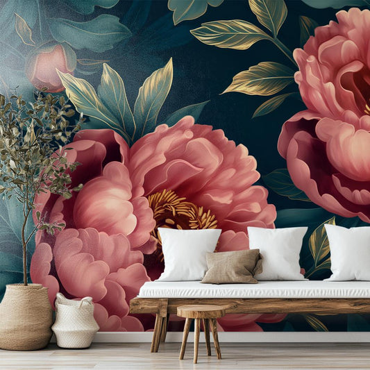 Dark Pink Gold Peony Floral Wallpaper Pattern – detail view, Golden Era Walls
