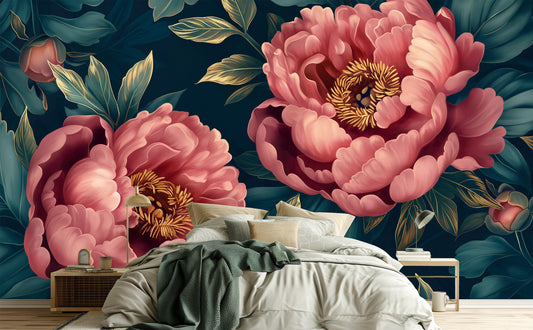 Dark Pink Gold Peony Floral Wallpaper Pattern – room setting, Golden Era Walls