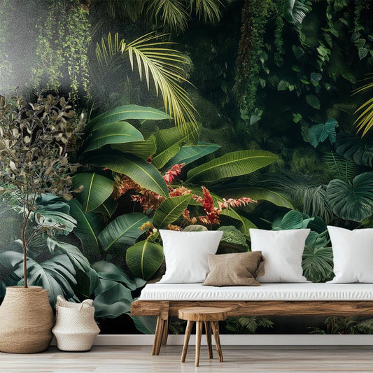 Dark Tropical Jungle Lush Floral Wallpaper – detail view, Golden Era Walls