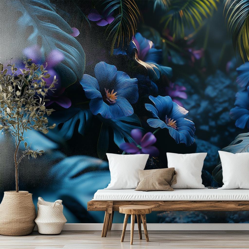 Dark Tropical Jungle Gothic Floral Wallpaper – room setting, Golden Era Walls