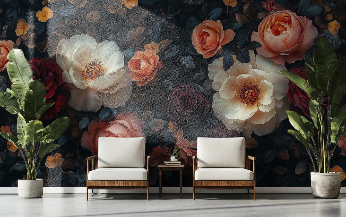 Dark Vintage Floral Dramatic Floral Wallpaper – scale reference, Golden Era Walls