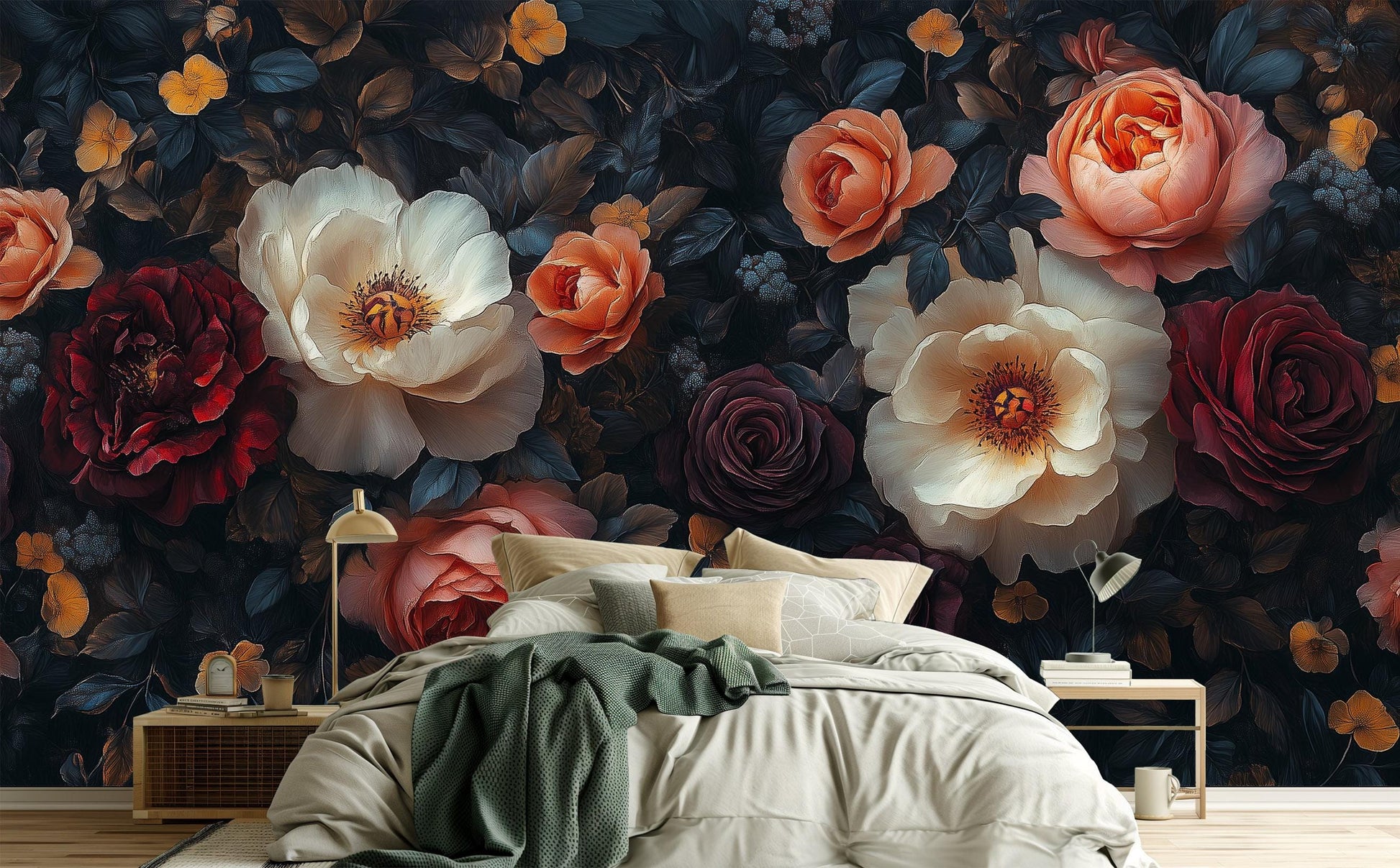 Dark Vintage Floral Dramatic Floral Wallpaper – detail view, Golden Era Walls